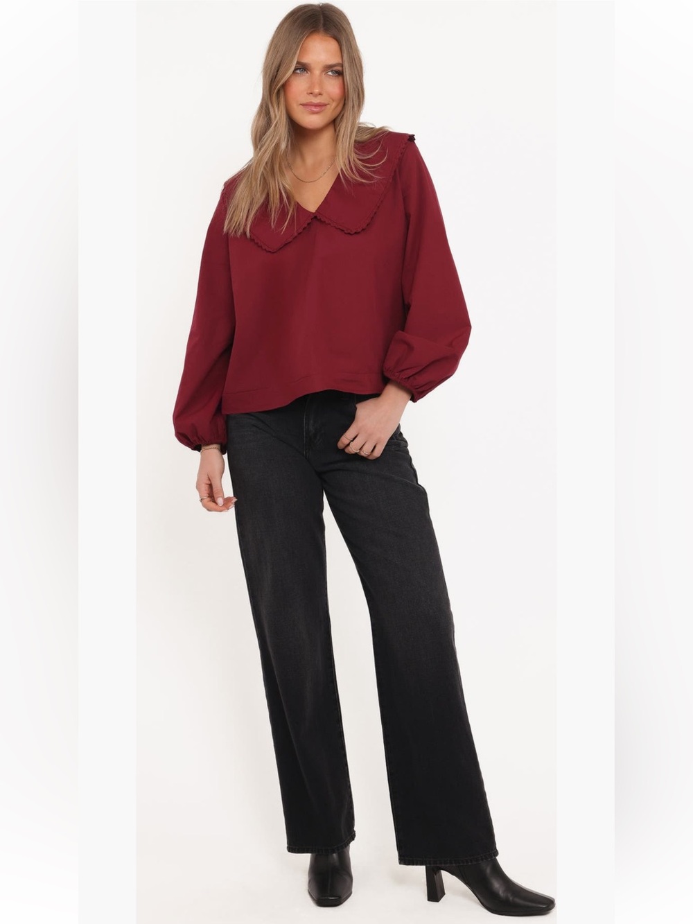Petal & Pup Kenna Poplin Top S Burgundy Peter Pan Collar Blouse NWOT - Picture 4 of 8